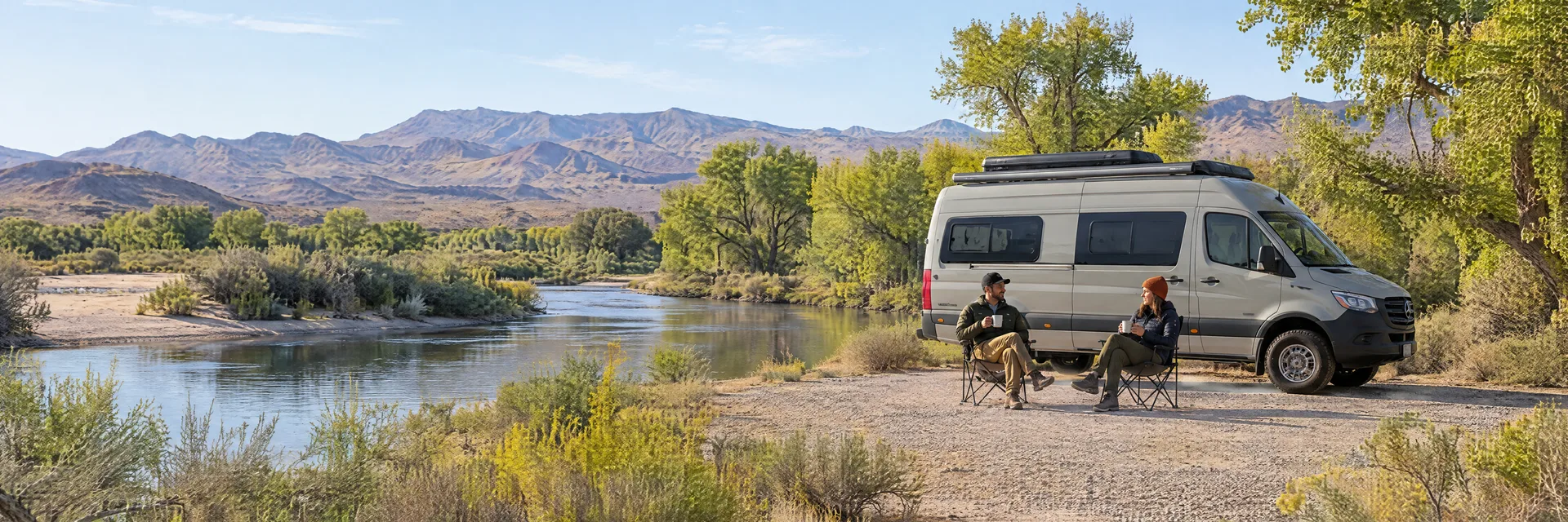 Illustration of campers enjoying morning coffee beside a camper van in a fictional camping setting inspired by Winterhaven, CA.