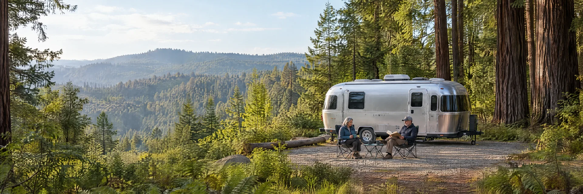 Illustration of campers enjoying relaxing at camp beside a rounded silver travel trailer in a fictional camping setting inspired by Woodside, CA.