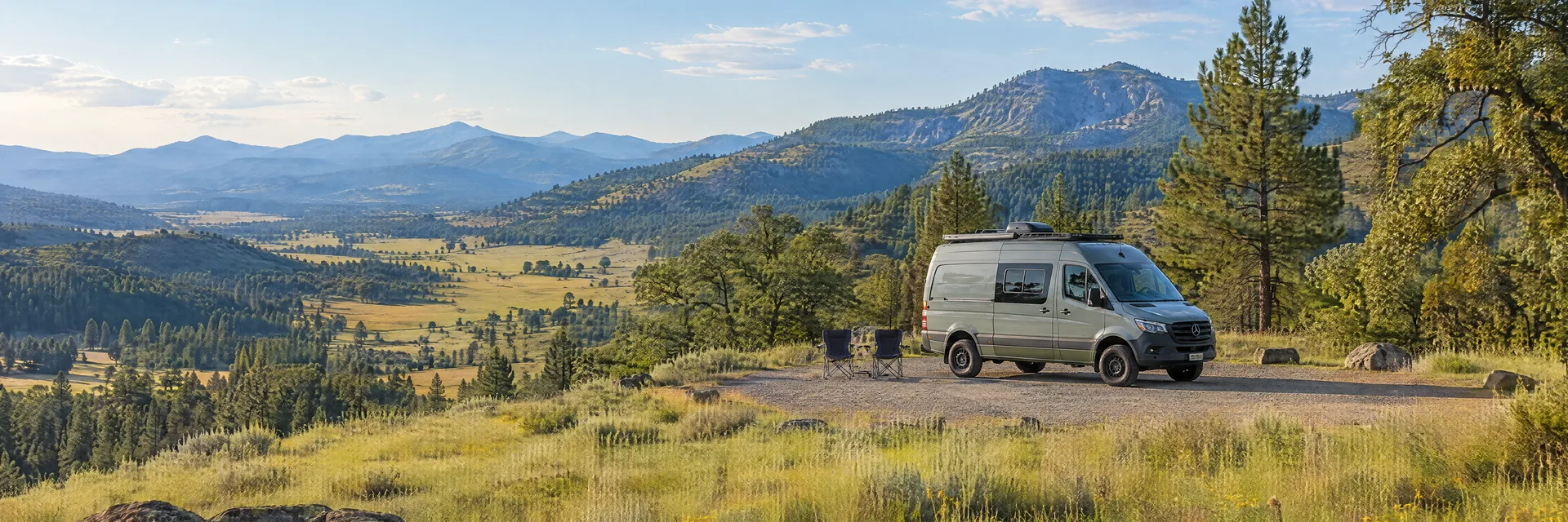Illustration of a camper van at a fictional camping setting inspired by Yreka, CA.