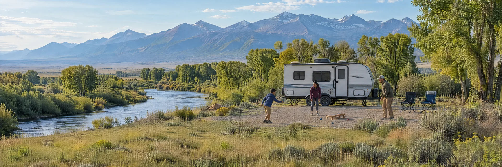 Illustration of campers enjoying family campsite activities beside a compact travel trailer in a fictional camping setting inspired by Alamosa, CO.