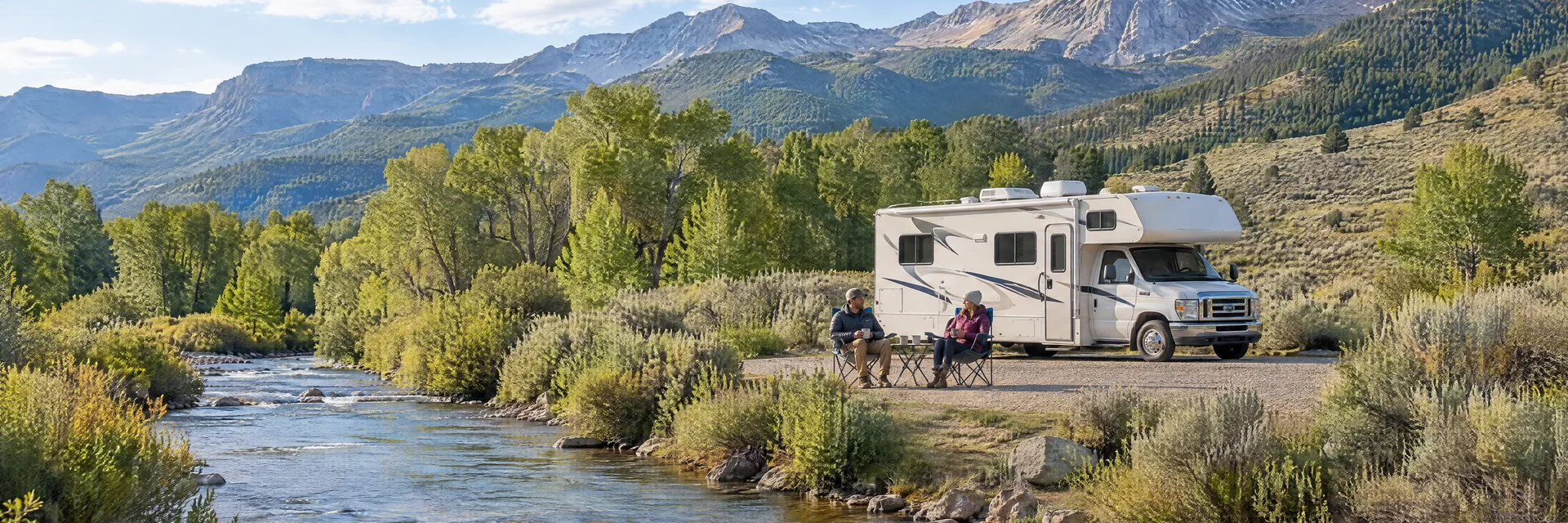 Illustration of campers enjoying morning coffee beside a Class C motorhome in a fictional camping setting inspired by Almont, CO.