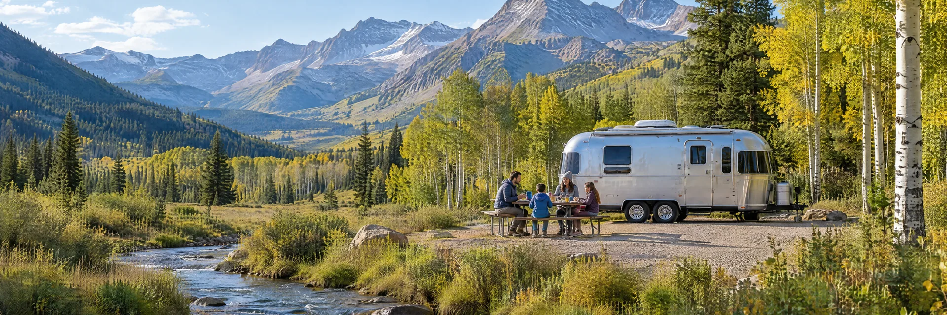 Illustration of campers enjoying a family picnic beside a rounded silver travel trailer in a fictional camping setting inspired by Aspen, CO.