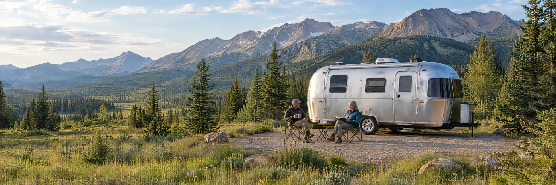 Illustration of campers enjoying relaxing at camp beside a rounded silver travel trailer in a fictional camping setting inspired by Bonanza, CO.