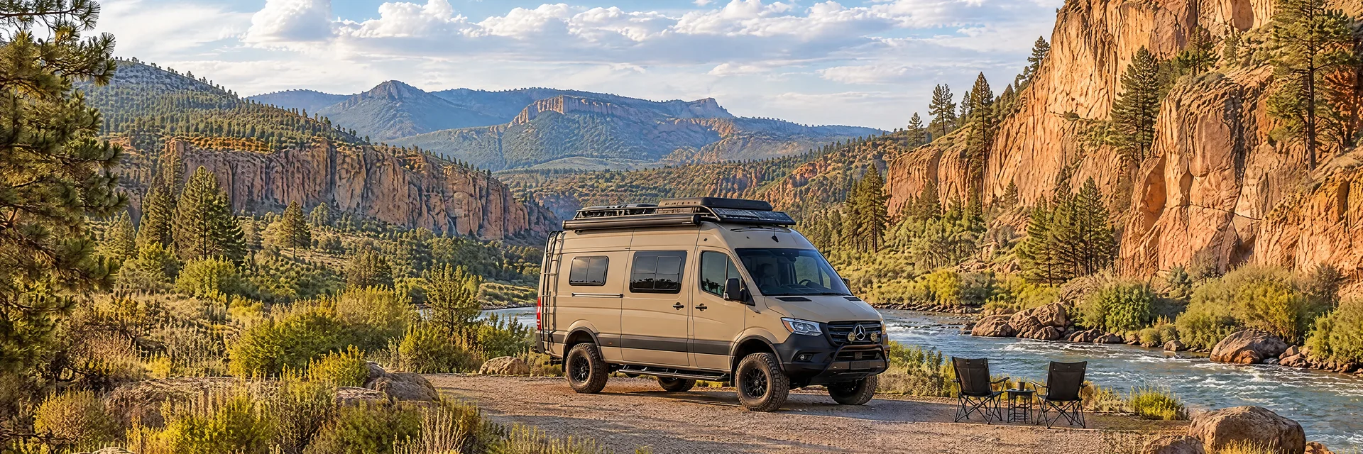 Illustration of a sand-colored rugged campervan at a fictional camping setting inspired by Cañon City, CO.