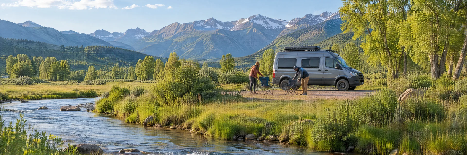 Illustration of campers enjoying setting up camp beside a camper van in a fictional camping setting inspired by Carbondale, CO.