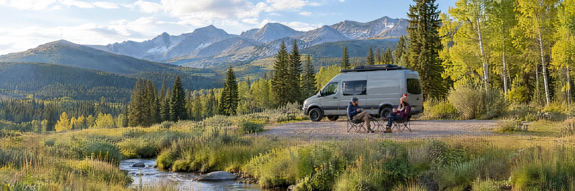 Illustration of campers enjoying morning coffee beside a camper van in a fictional camping setting inspired by Clark, CO.