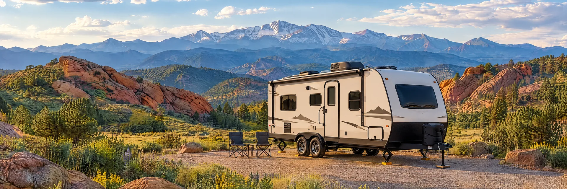 Illustration of a ivory tandem-axle travel trailer with visible hitch and stabilizers at a fictional camping setting inspired by Colorado Springs, CO.