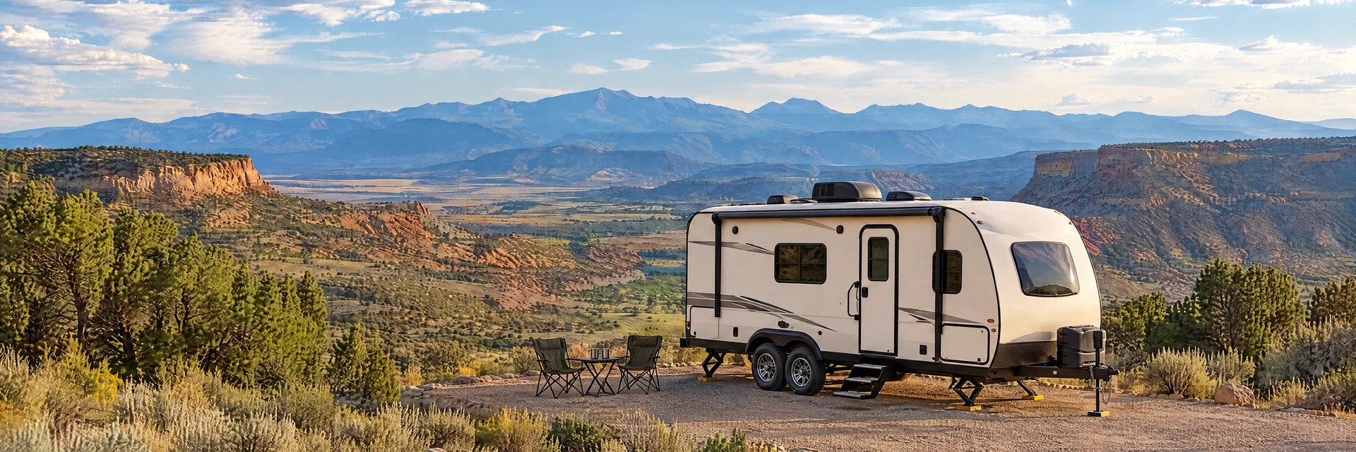 Illustration of a ivory tandem-axle travel trailer with visible hitch and stabilizers at a fictional camping setting inspired by Cortez, CO.