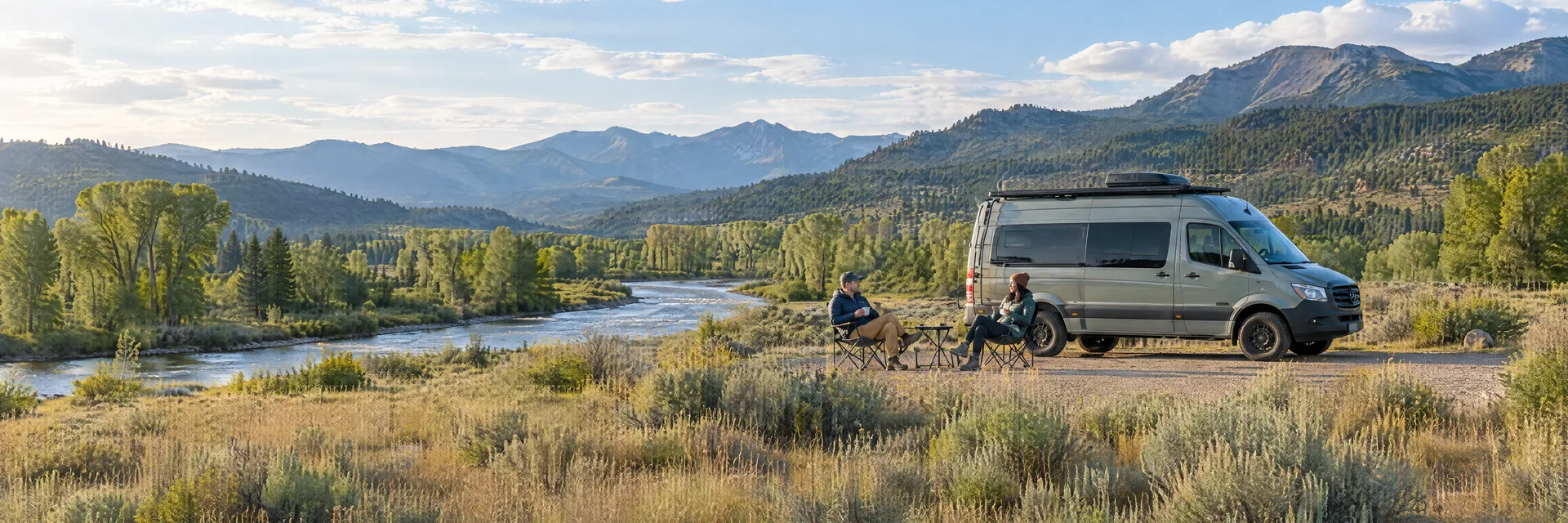 Illustration of campers enjoying morning coffee beside a camper van in a fictional camping setting inspired by Del Norte, CO.