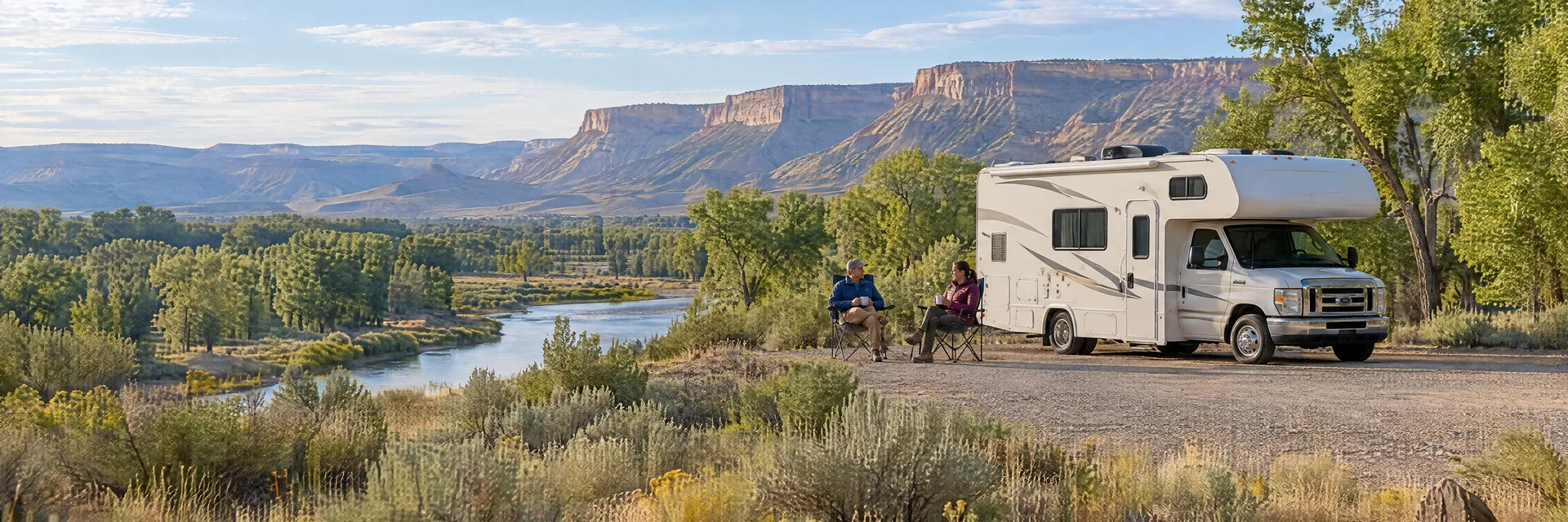 Illustration of campers enjoying morning coffee beside a Class C motorhome in a fictional camping setting inspired by Delta, CO.