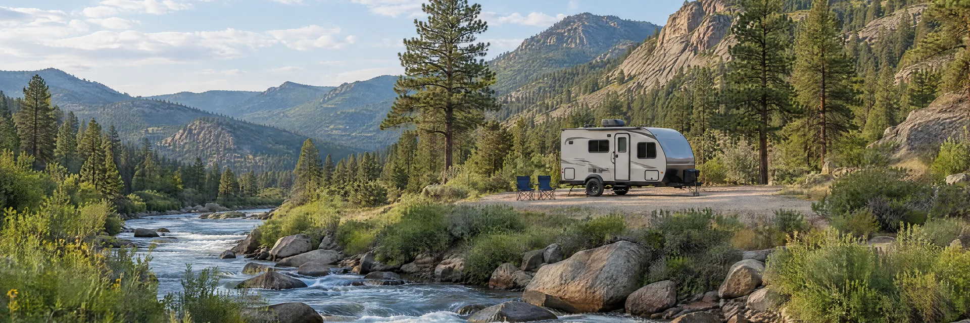 Illustration of a compact travel trailer at a fictional camping setting inspired by Drake, CO.
