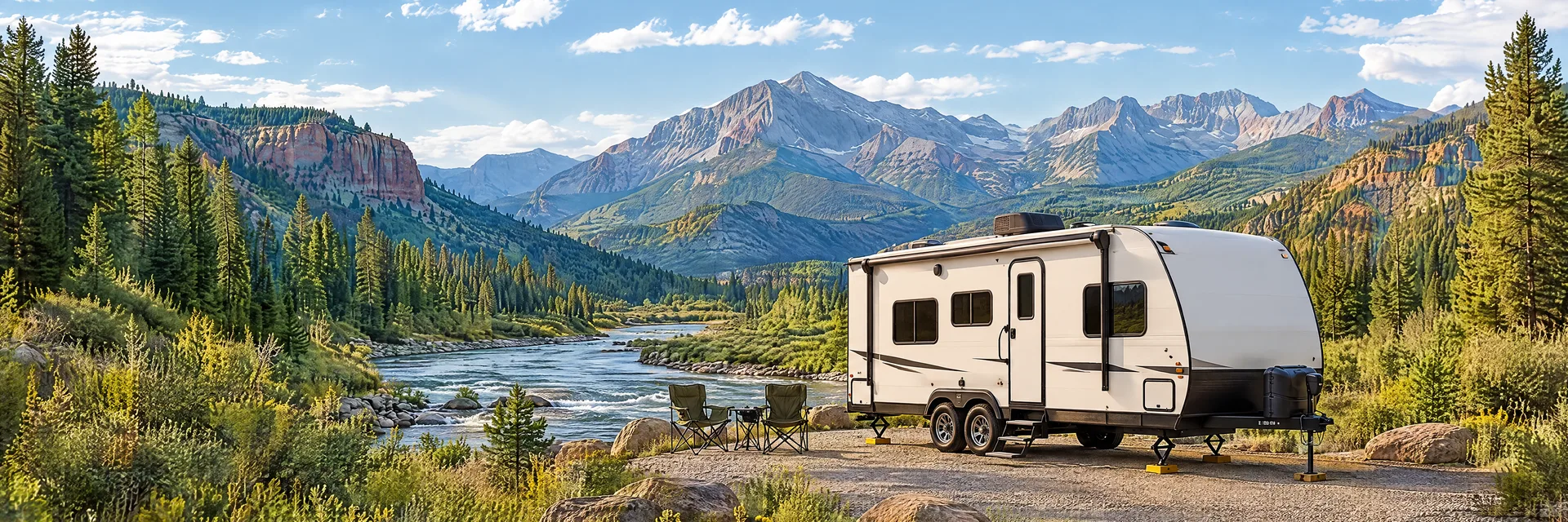 Illustration of a ivory tandem-axle travel trailer with visible hitch and stabilizers at a fictional camping setting inspired by Durango, CO.