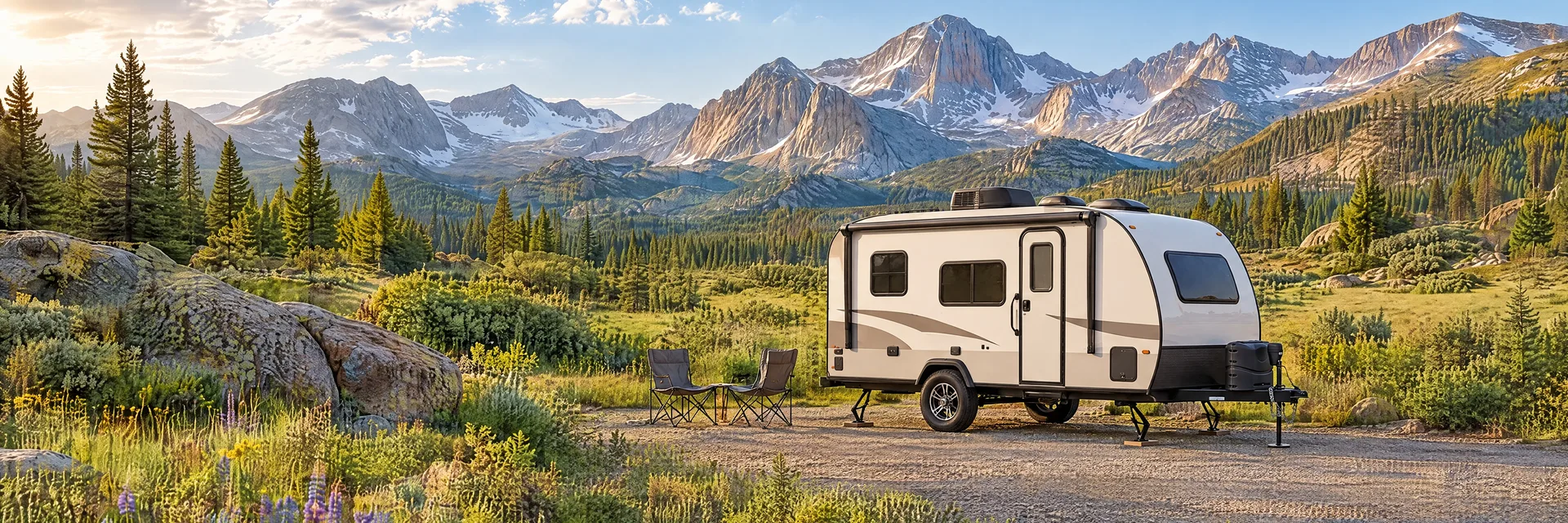 Illustration of a travel trailer at a fictional camping setting inspired by Estes Park, CO.