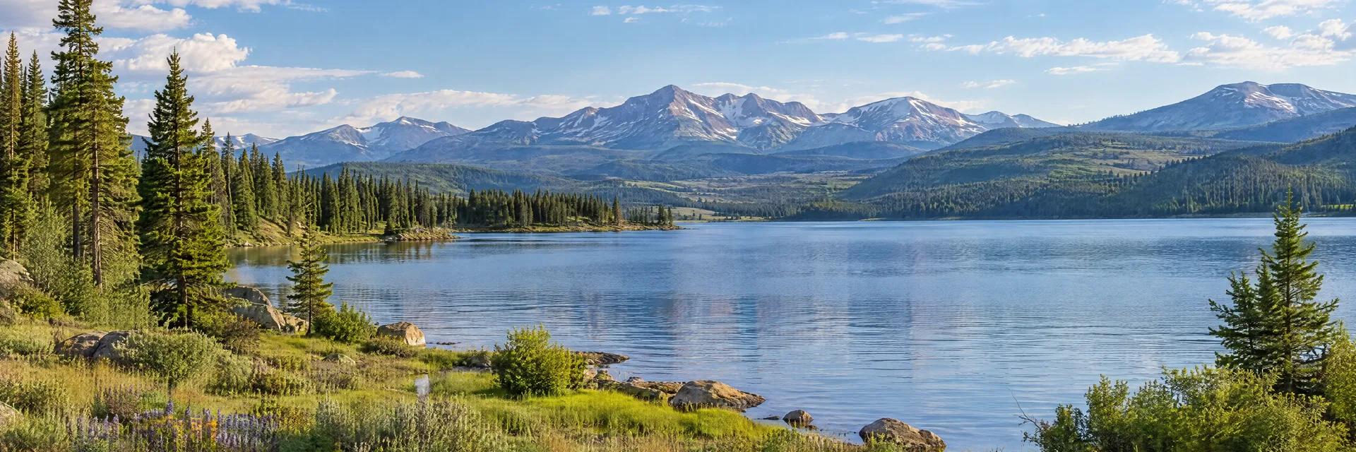 Illustration inspired by Granby, CO: colorado mountain reservoir with meadow shore, conifers and distant peaks.