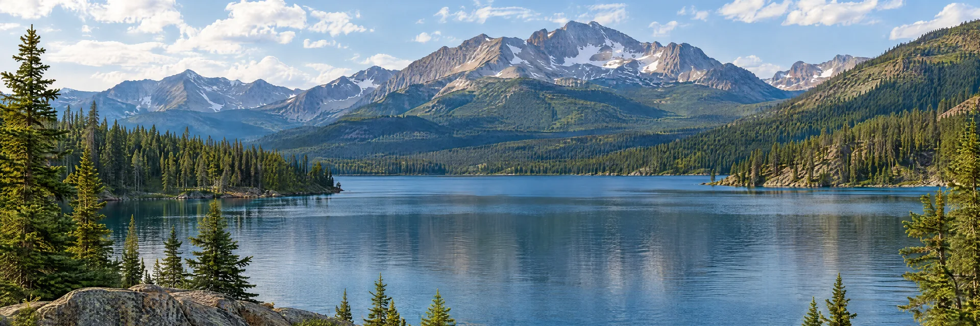 Illustration inspired by Grand Lake, CO: colorado alpine lake with forested shoreline and high mountain backdrop.