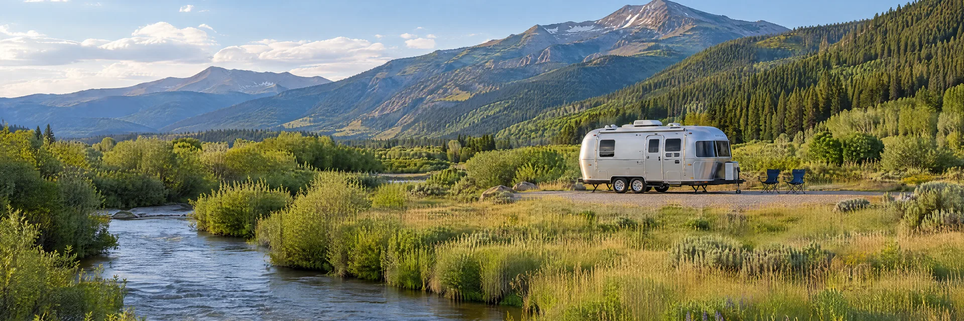 Illustration of a rounded silver travel trailer at a fictional camping setting inspired by Hot Sulphur Springs, CO.