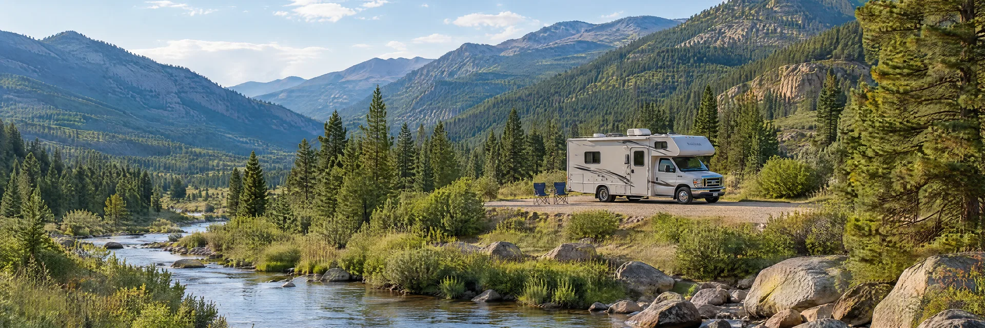 Illustration of a Class C motorhome at a fictional camping setting inspired by Idaho Springs, CO.