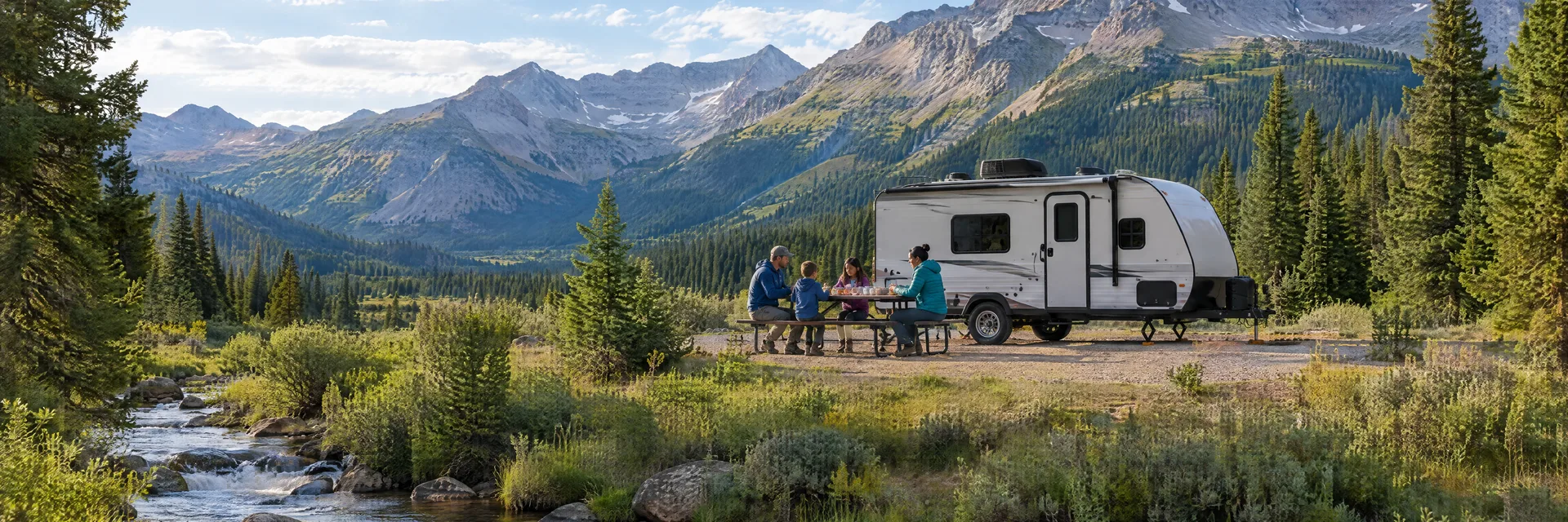 Illustration of campers enjoying a family picnic beside a compact travel trailer in a fictional camping setting inspired by Lake City, CO.
