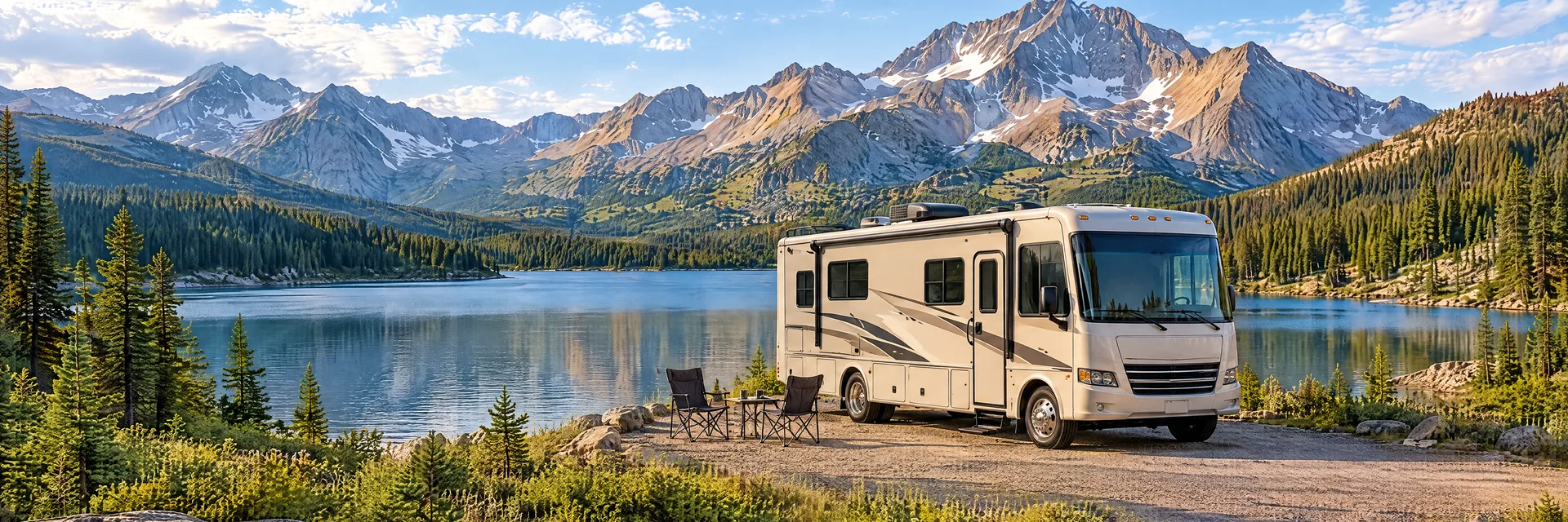 Illustration of a cream Class A motorhome with restrained charcoal trim at a fictional camping setting inspired by Leadville, CO.