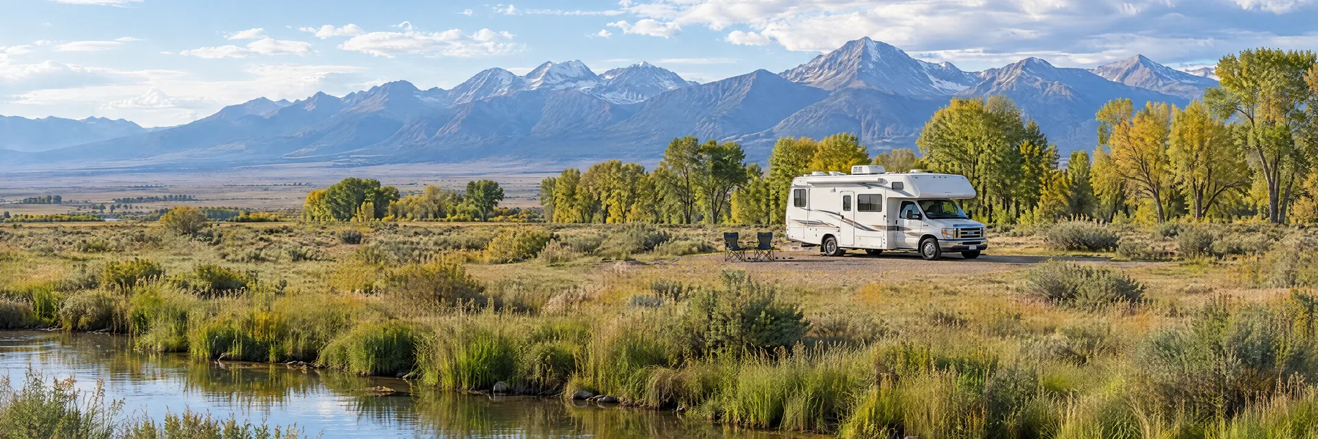 Illustration of a Class C motorhome at a fictional camping setting inspired by Monte Vista, CO.