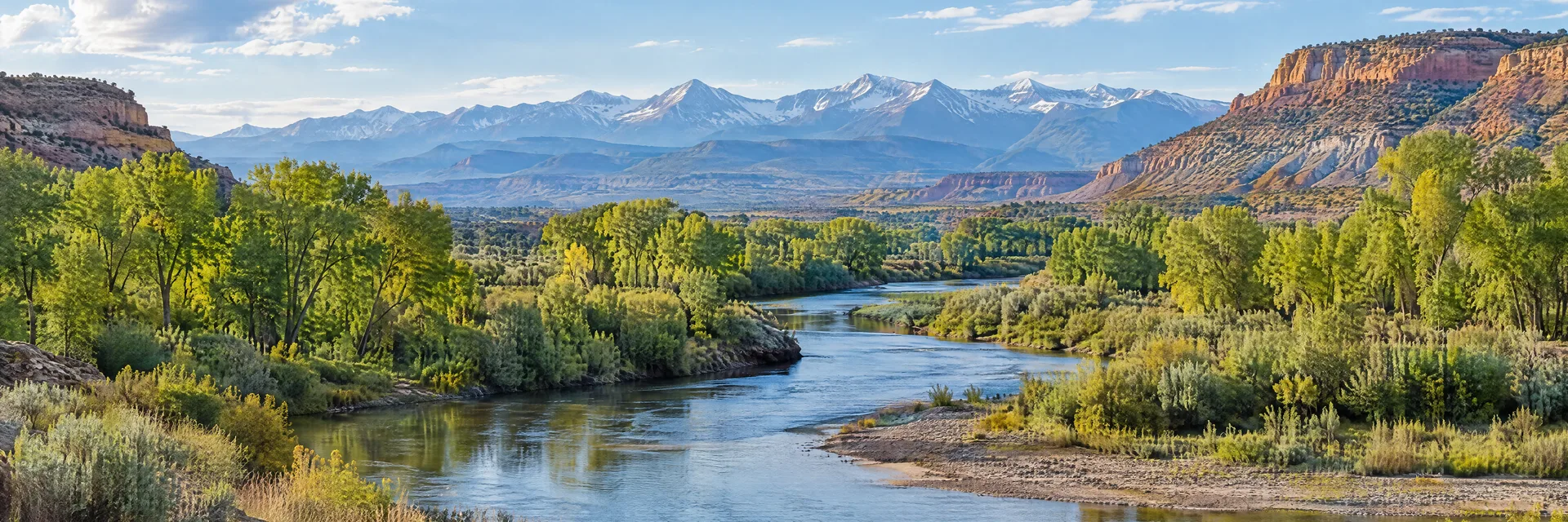 Illustration inspired by Montrose, CO: western Colorado river corridor with cottonwoods, dry mesas and distant alpine ridges.