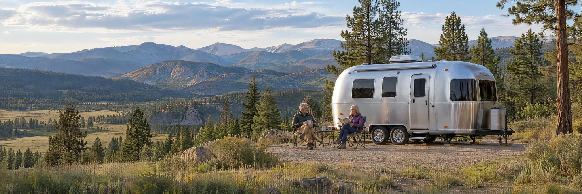 Illustration of campers enjoying relaxing at camp beside a rounded silver travel trailer in a fictional camping setting inspired by Monument, CO.