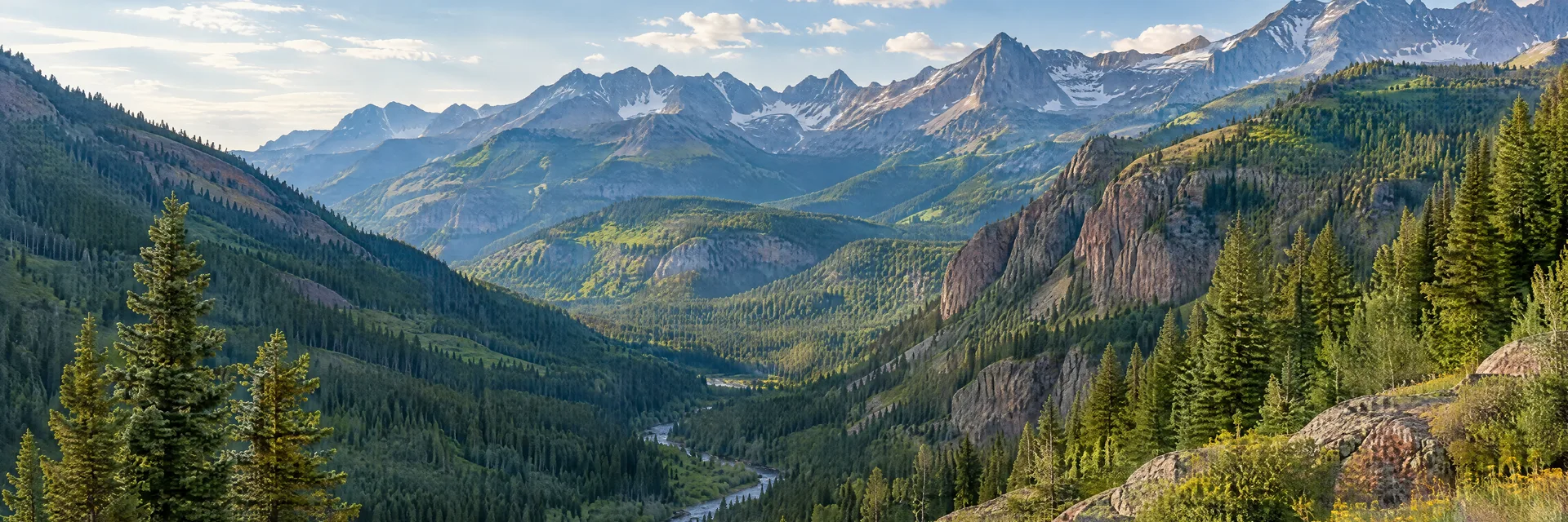 Illustration inspired by Ouray, CO: colorado San Juan mountain valley, evergreen slopes and steep distant alpine ridges.