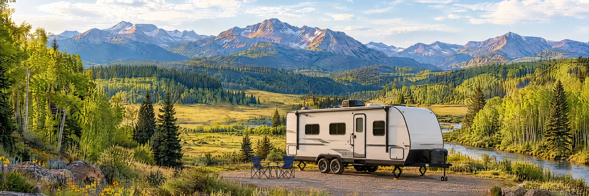 Illustration of a ivory tandem-axle travel trailer with visible hitch and stabilizers at a fictional camping setting inspired by Pagosa Springs, CO.