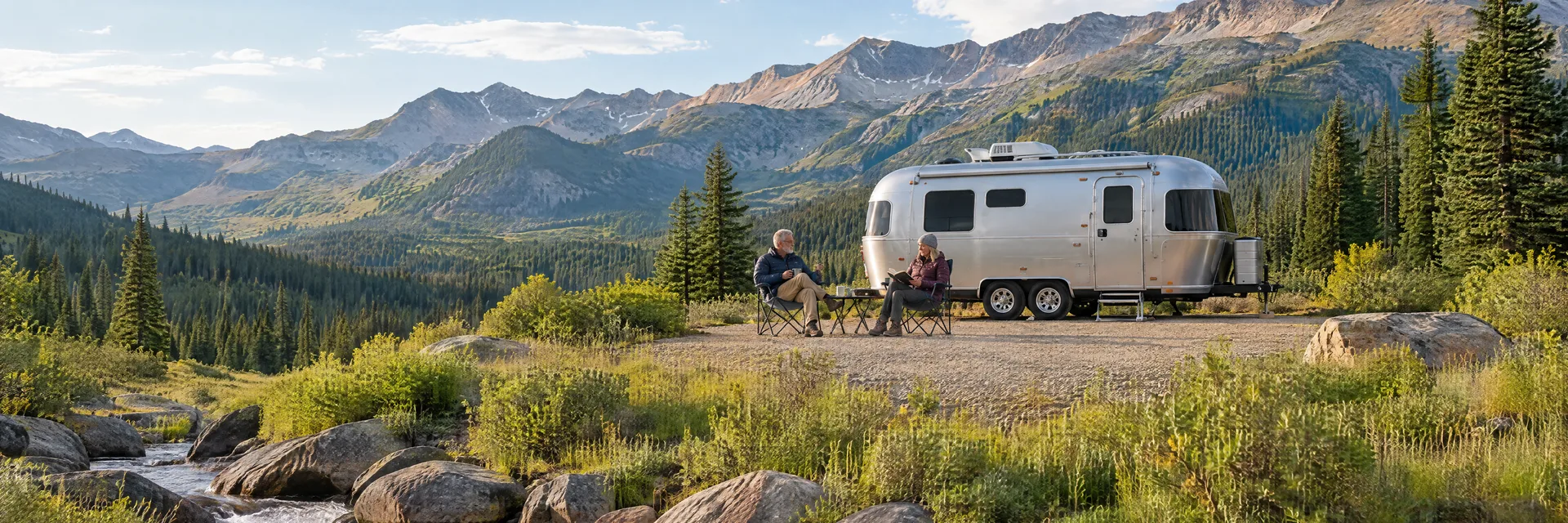 Illustration of campers enjoying relaxing at camp beside a rounded silver travel trailer in a fictional camping setting inspired by Red Cliff, CO.
