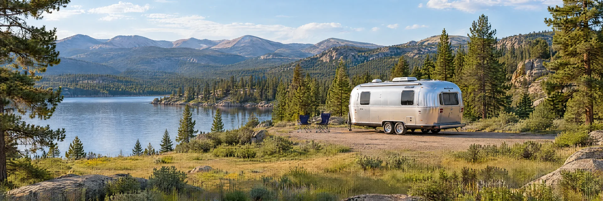 Illustration of a rounded silver travel trailer at a fictional camping setting inspired by Red Feather Lakes, CO.
