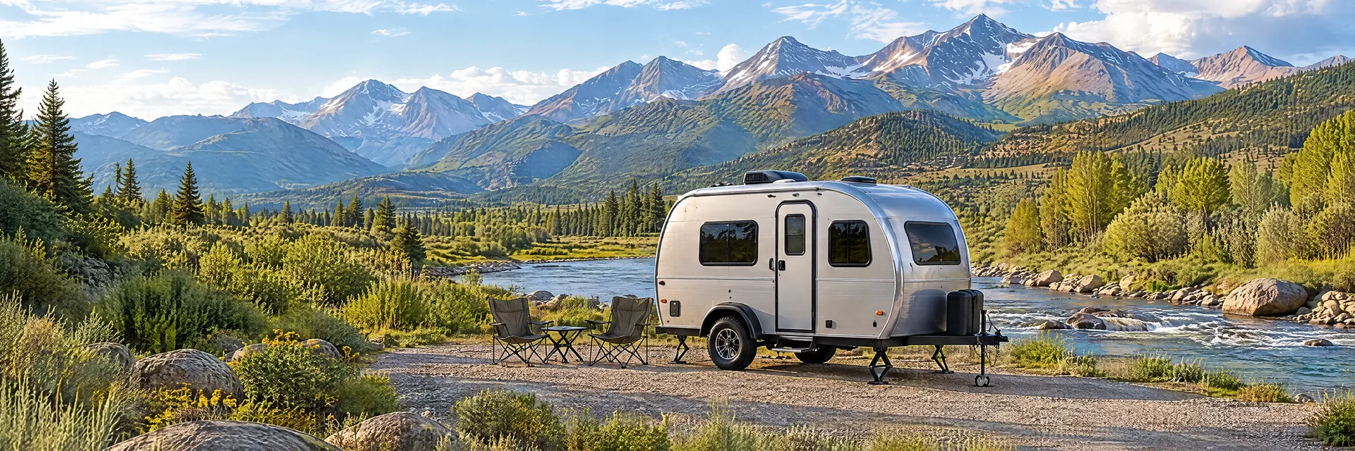 Illustration of a silver compact single-axle travel trailer with visible hitch and stabilizers at a fictional camping setting inspired by Salida, CO.