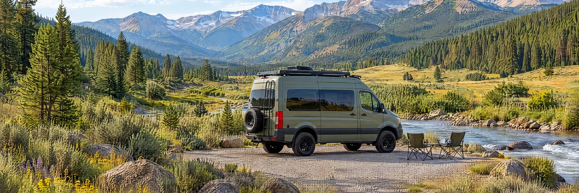 Illustration of a sage-green modern campervan at a fictional camping setting inspired by South Fork, CO.