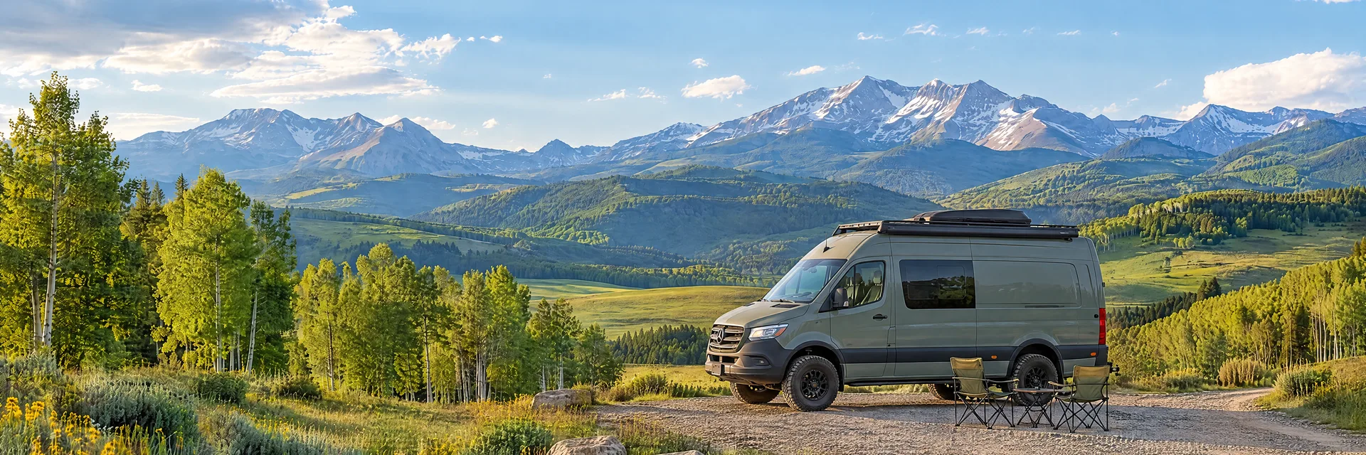 Illustration of a sage-green modern campervan at a fictional camping setting inspired by Steamboat Springs, CO.