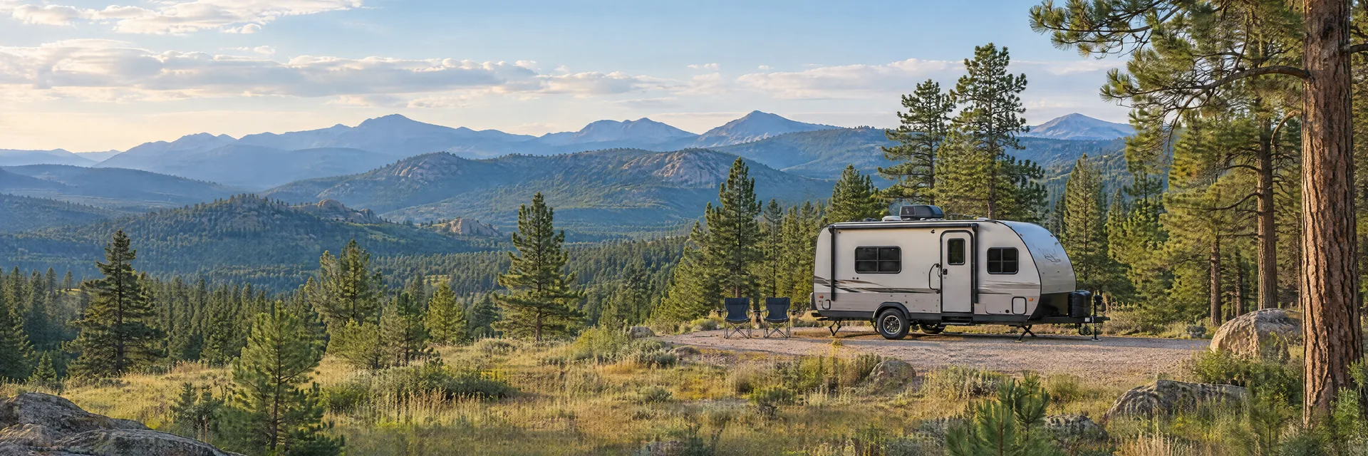 Illustration of a compact travel trailer at a fictional camping setting inspired by Woodland Park, CO.