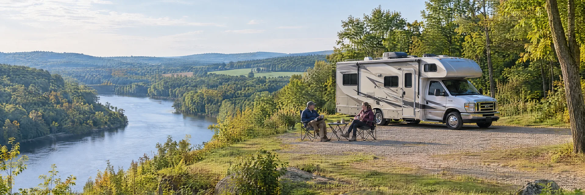 Illustration of campers enjoying morning coffee beside a Class C motorhome in a fictional camping setting inspired by Sprague, CT.
