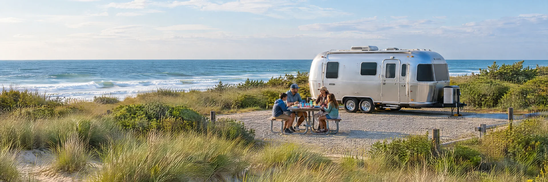 Illustration of campers enjoying a family picnic beside a rounded silver travel trailer in a fictional camping setting inspired by REHOBOTH BEACH, DE.
