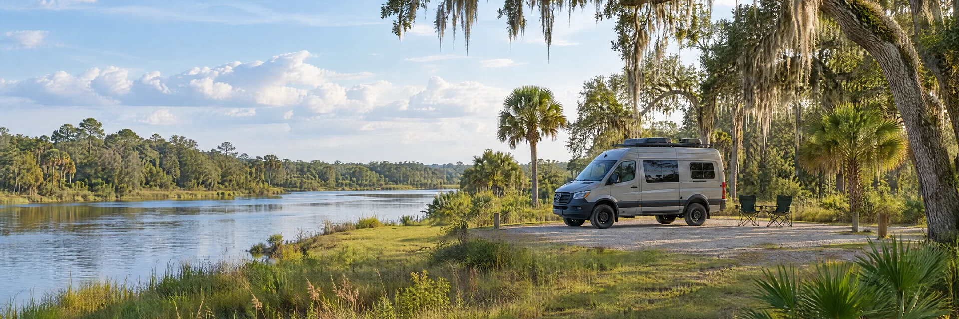 Illustration of a camper van at a fictional camping setting inspired by Arcadia, FL.