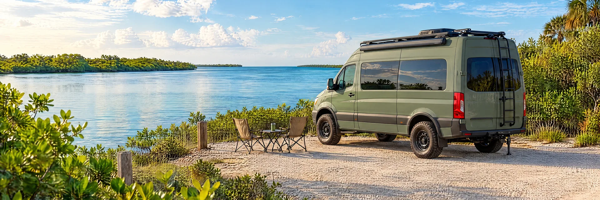 Illustration of a sage-green modern campervan at a fictional camping setting inspired by Bradenton, FL.