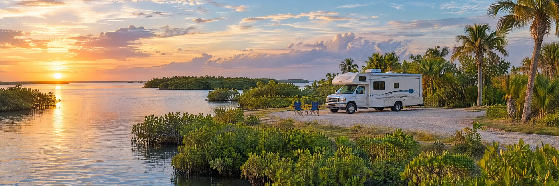 Illustration of a Class C motorhome at a fictional camping setting inspired by Cape Coral, FL.