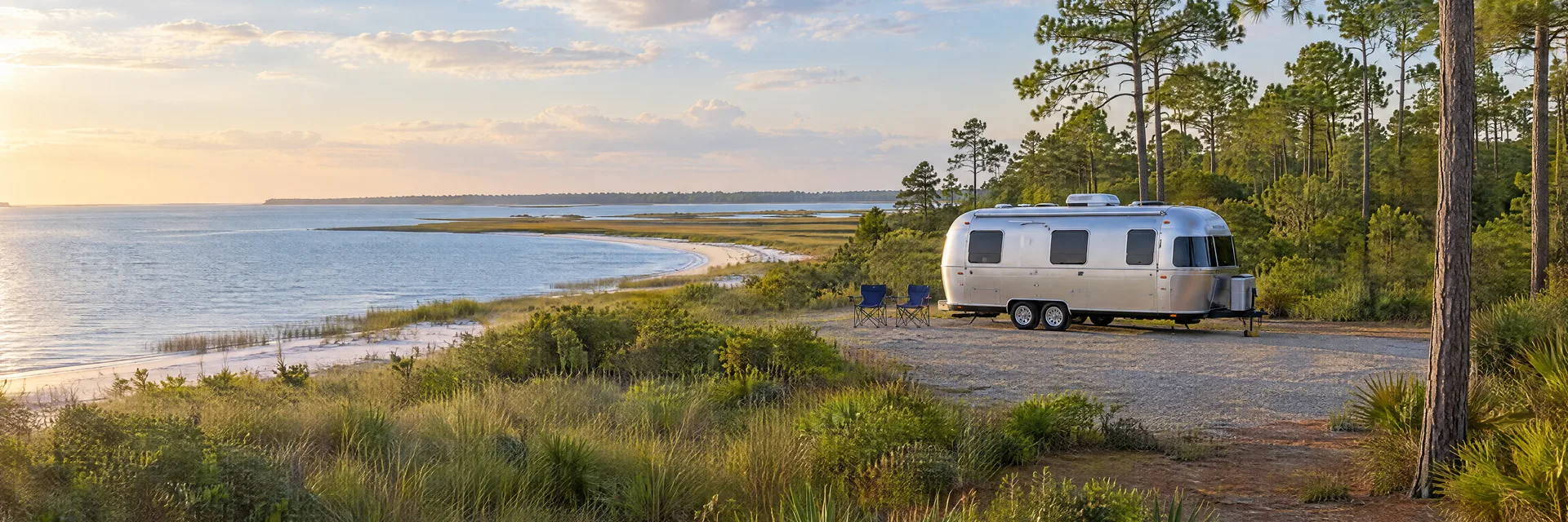 Illustration of a rounded silver travel trailer at a fictional camping setting inspired by Carrabelle, FL.