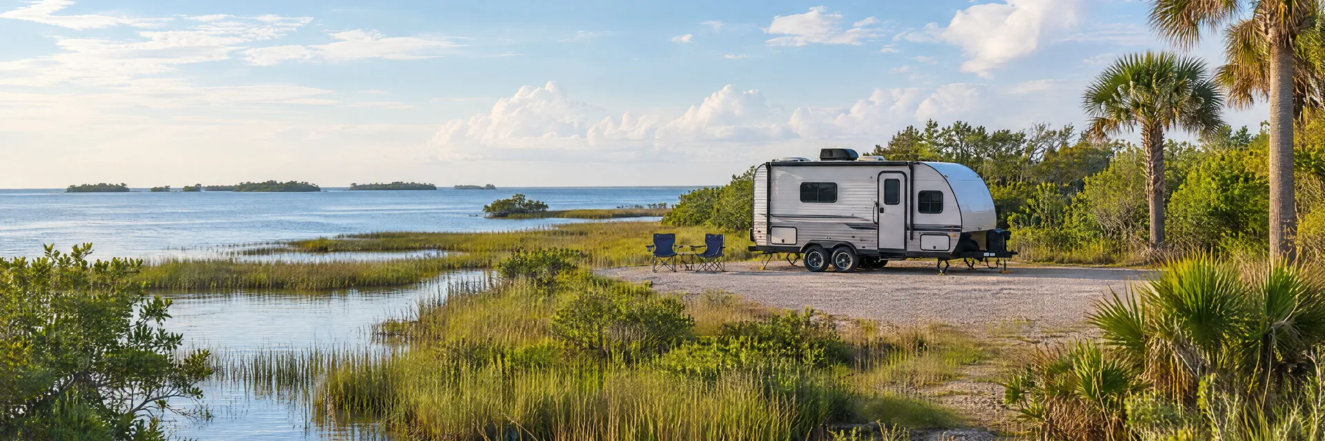 Illustration of a compact travel trailer at a fictional camping setting inspired by Cedar Key, FL.
