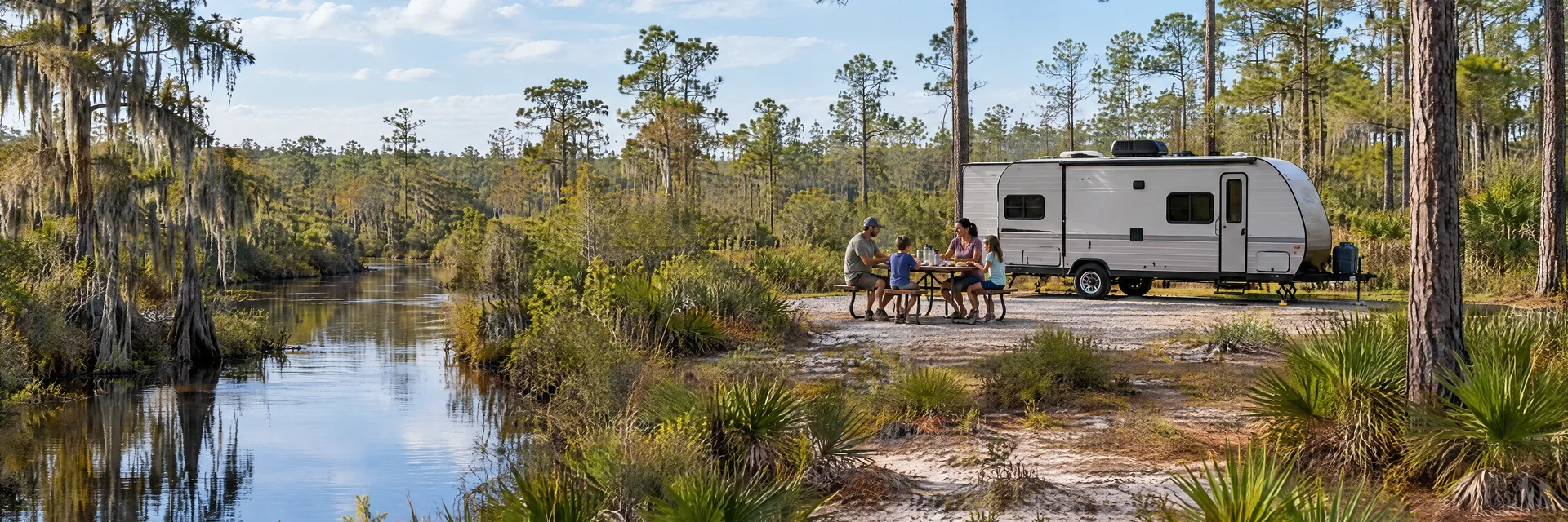 Illustration of campers enjoying a family picnic beside a compact travel trailer in a fictional camping setting inspired by Cross City, FL.