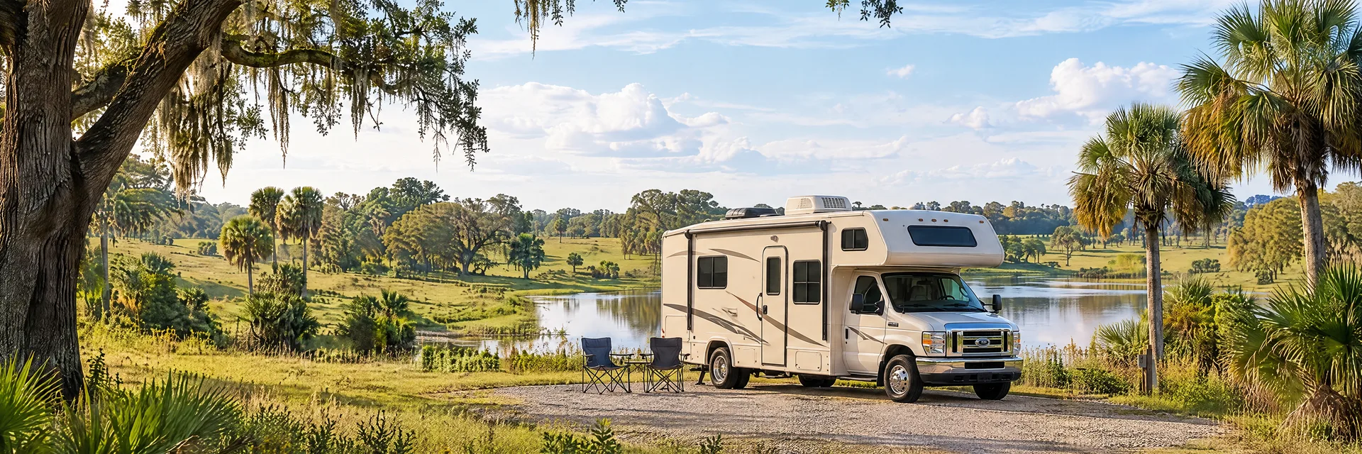 Illustration of a cream Class C motorhome with a modest overcab bunk at a fictional camping setting inspired by Dade City, FL.