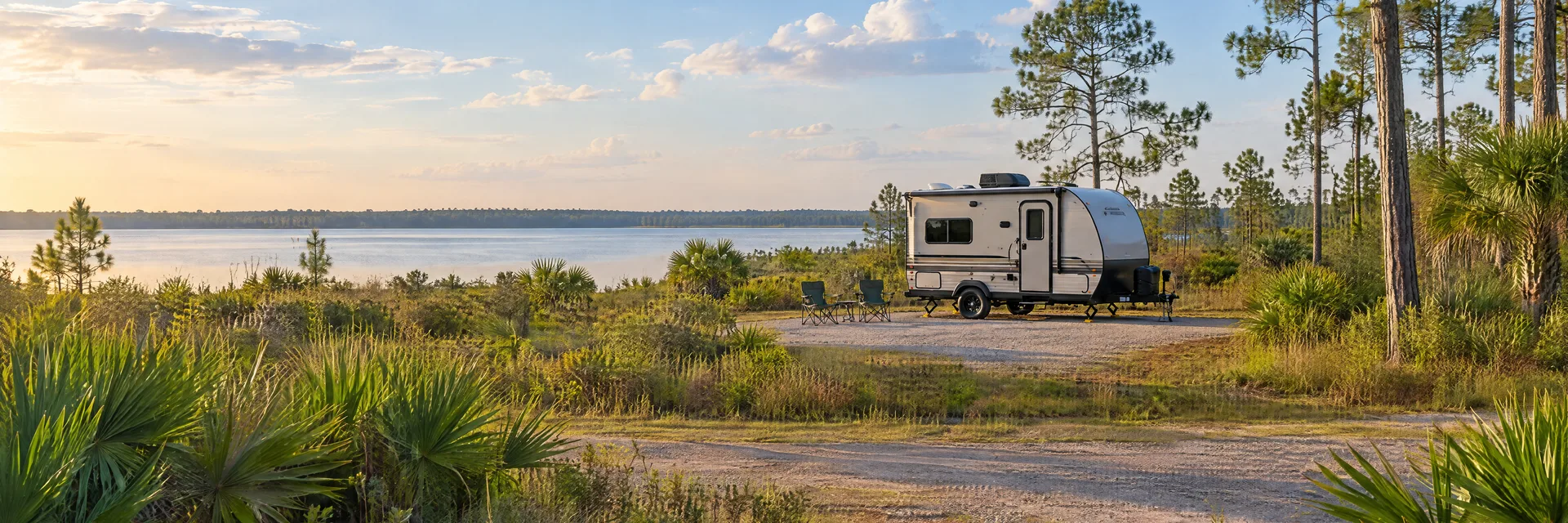 Illustration of a compact travel trailer at a fictional camping setting inspired by Davenport, FL.