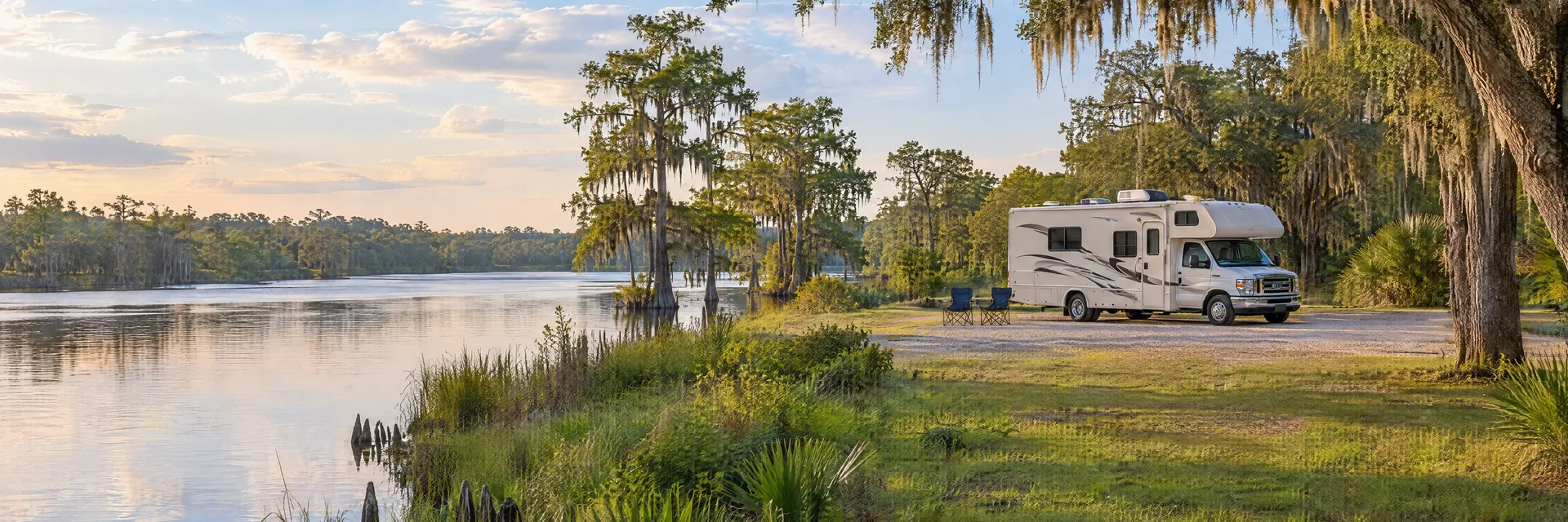 Illustration of a Class C motorhome at a fictional camping setting inspired by Deland, FL.