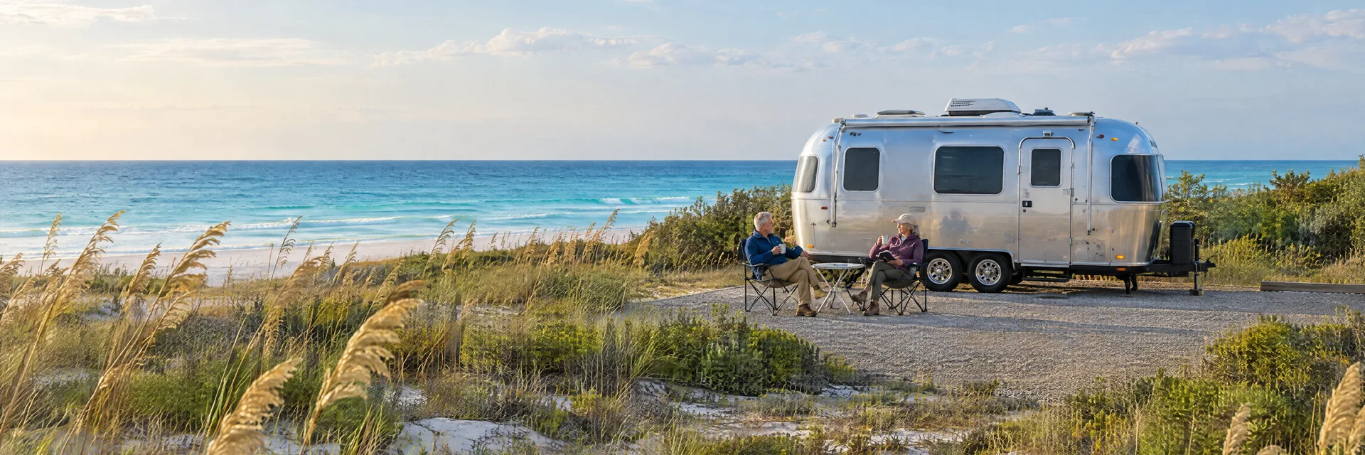Illustration of campers enjoying relaxing at camp beside a rounded silver travel trailer in a fictional camping setting inspired by Destin, FL.
