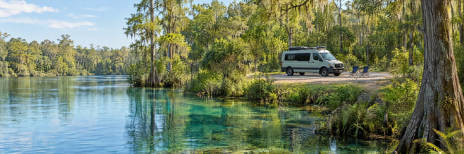 Illustration of a camper van at a fictional camping setting inspired by Dunnellon, FL.