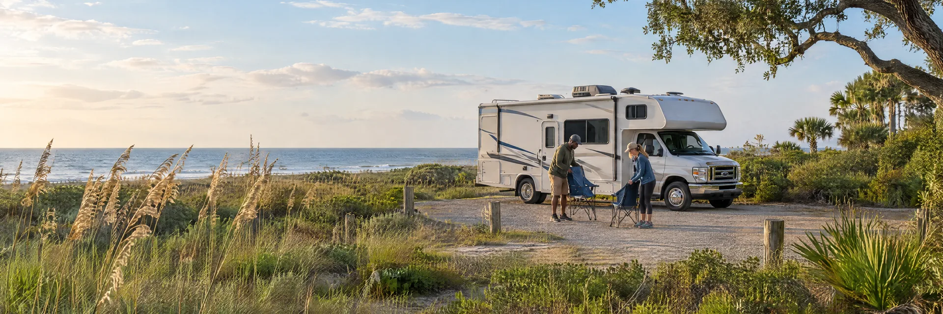 Illustration of campers enjoying setting up camp beside a Class C motorhome in a fictional camping setting inspired by Fernandina Beach, FL.