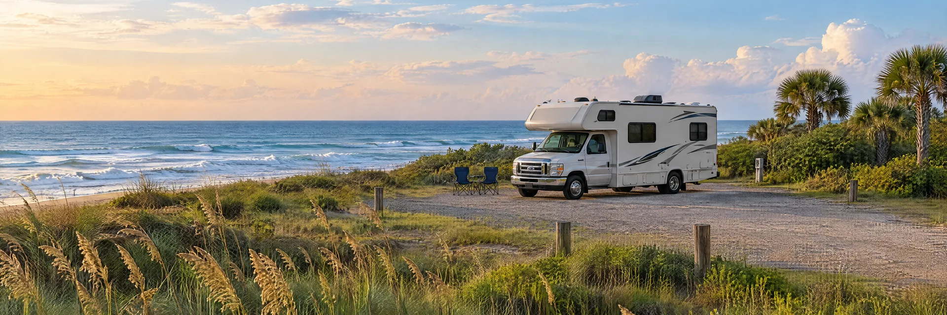 Illustration of a Class C motorhome at a fictional camping setting inspired by Flagler Beach, FL.