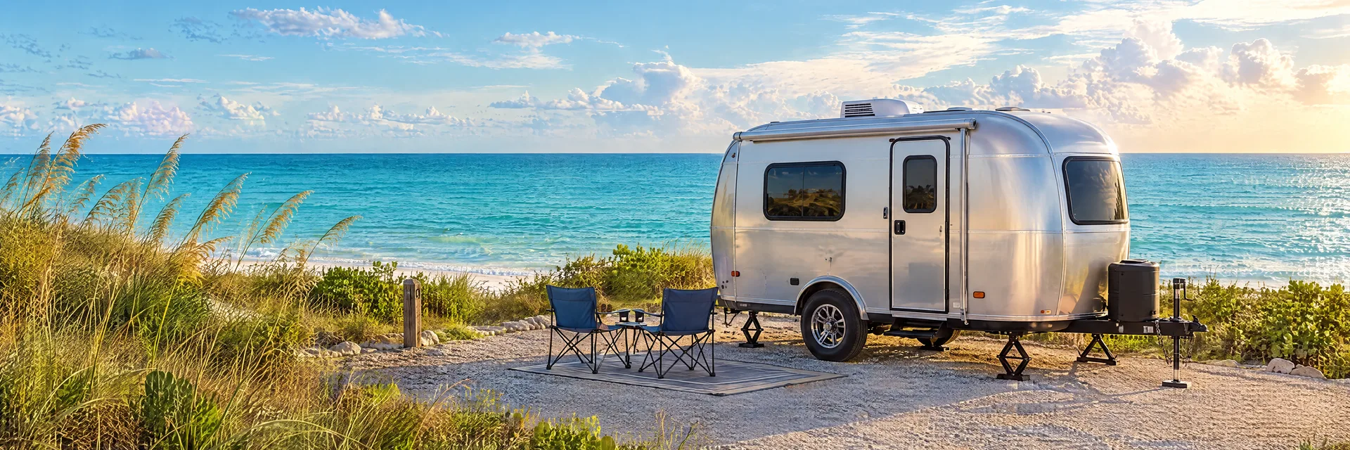 Illustration of a silver compact single-axle travel trailer with visible hitch and stabilizers at a fictional camping setting inspired by Fort Myers Beach, FL.